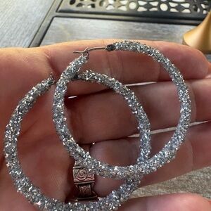 NWT, Karl Lagerfield Elegant Glittery Silver Hoop Earrings